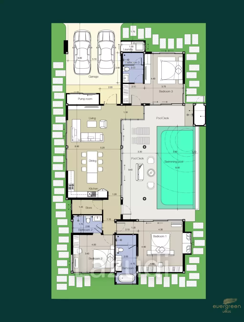 3 Bed 3 Bath 277 SQ.M 390 SQ.M Evergreen Villas