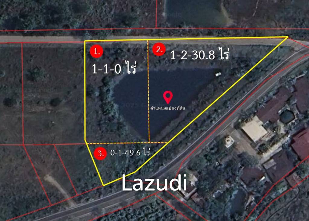 3 Rai Land for Sale Corner plot with pond at Huai Sai Mae Rim