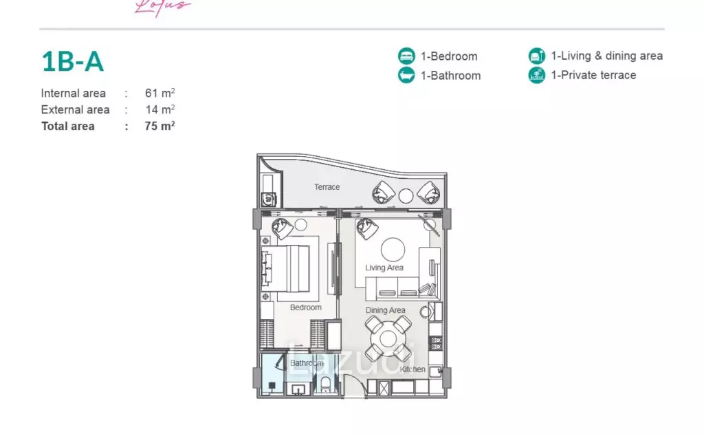 1 Bed 1 Bath 75 SQ.M Bellaguna Lake Residences Lotus
