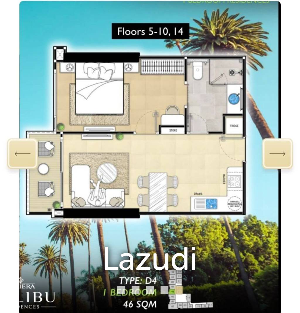 1 Bed 1 Bath 46 SQ.M. The Riviera Malibu and Residence