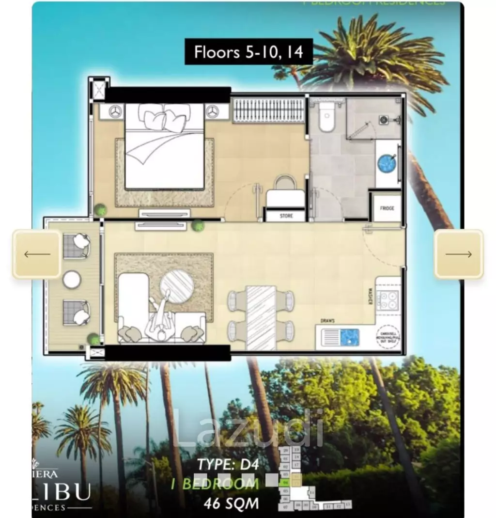 1 Bed 1 Bath 46 SQ.M. The Riviera Malibu and Residence
