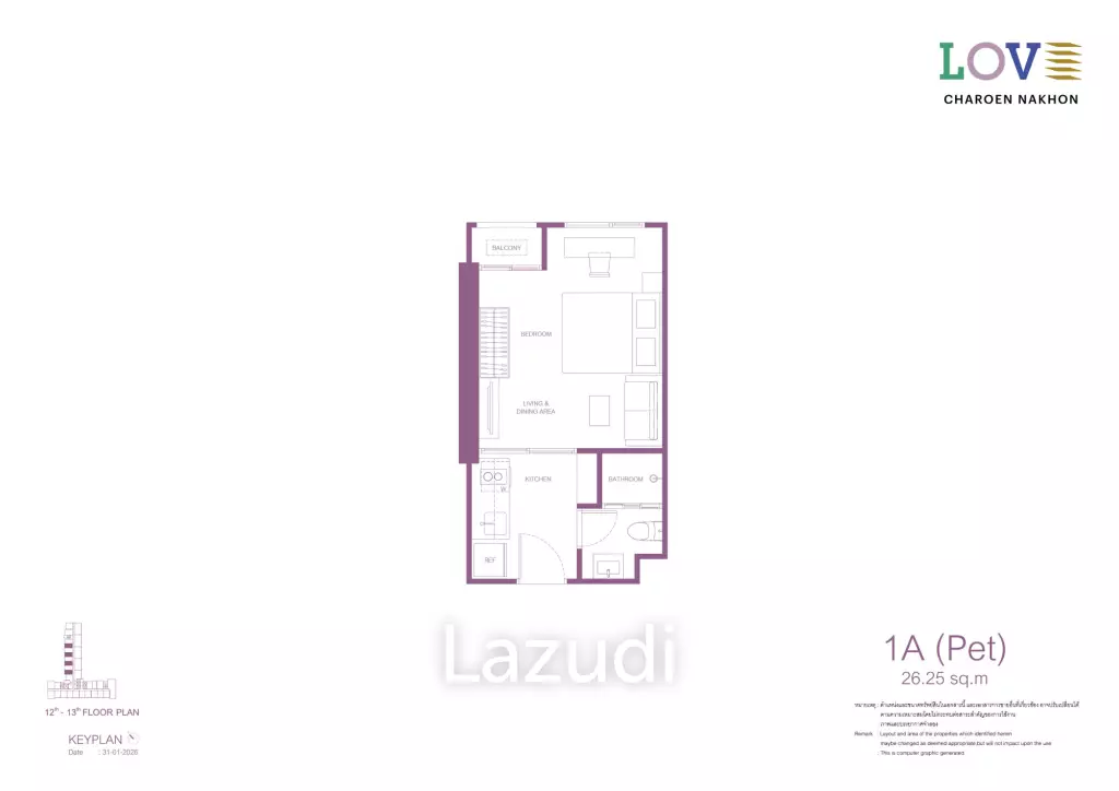 26 Sqm. 1 Bed 1 Bath Condo For Sale in LOVE Charoen Nakhon