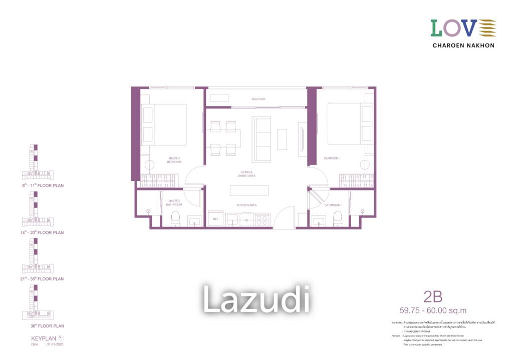 59 Sqm 2 Bed 2 Bath Condo For Sale in LOVE Charoen Nakhon