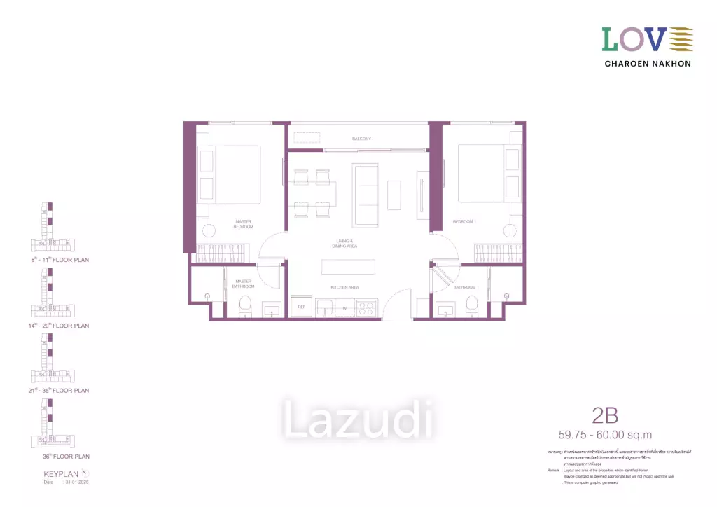 59 Sqm 2 Bed 2 Bath Condo For Sale in LOVE Charoen Nakhon