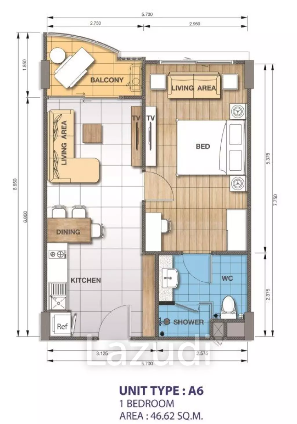 1 Bed 1 Bath 43.32 SQ.M Whale Marina Condominium