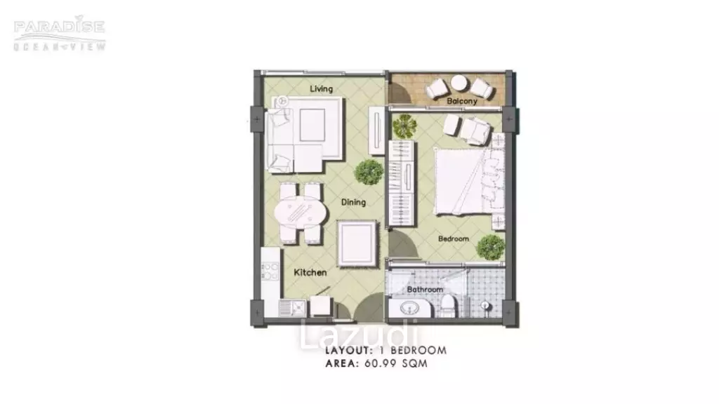 1 Bed 1 Bath 60.99 SQ.M Paradise Ocean View