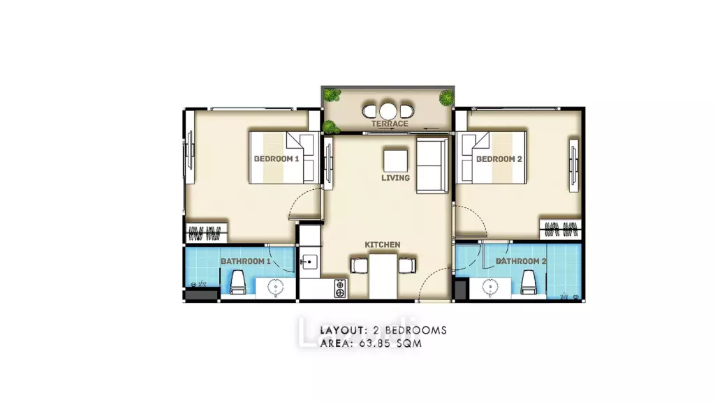 2 Bed 2 Bath 63.85 SQ.M City Garden Pratumnak