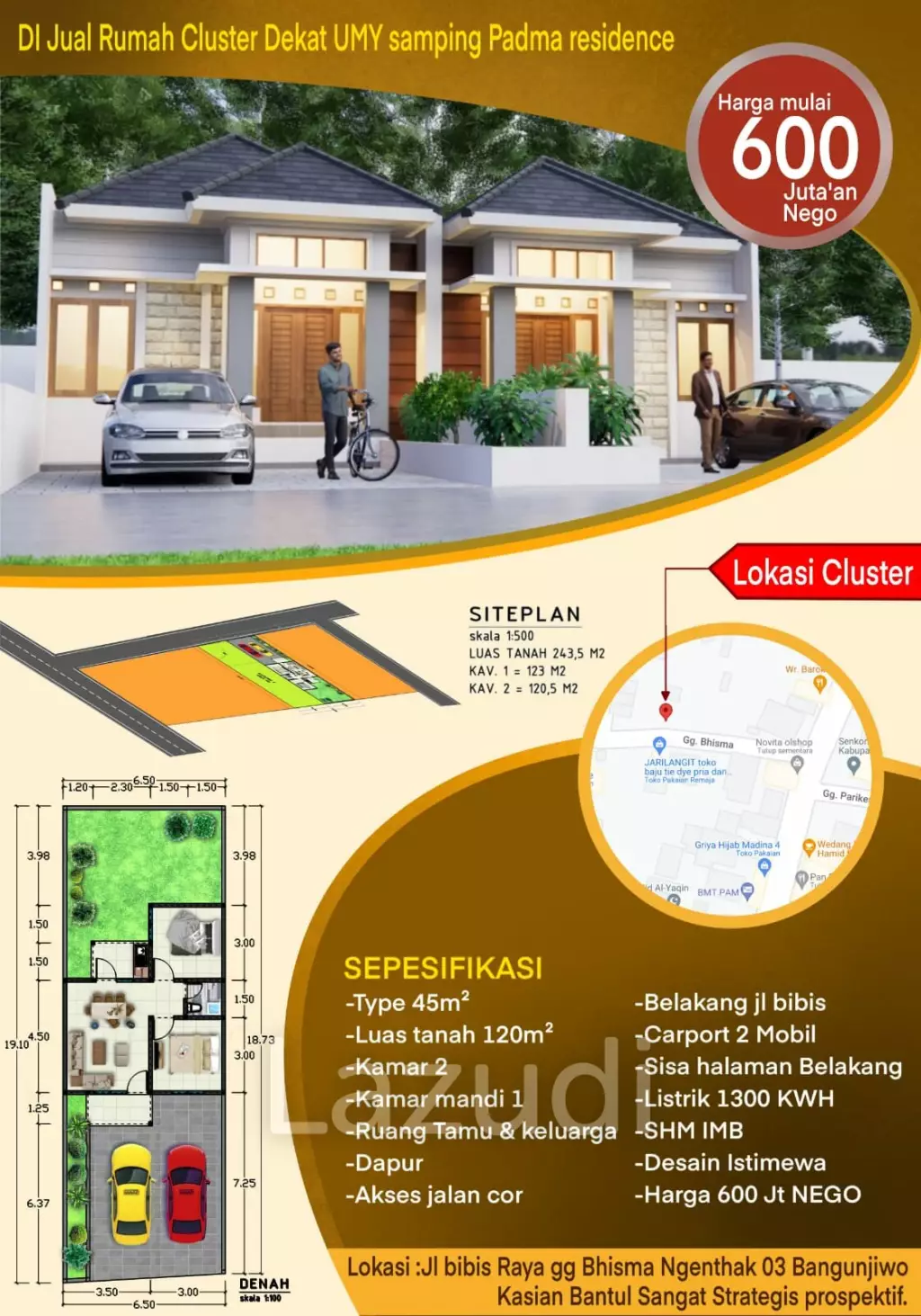 Dijual Rumah Cluster di Yogyakarta Dekat UMY, UNJANI Yogyakarta, Kampus AMA Yogyakarta, Lapangan Kasihan Bantul