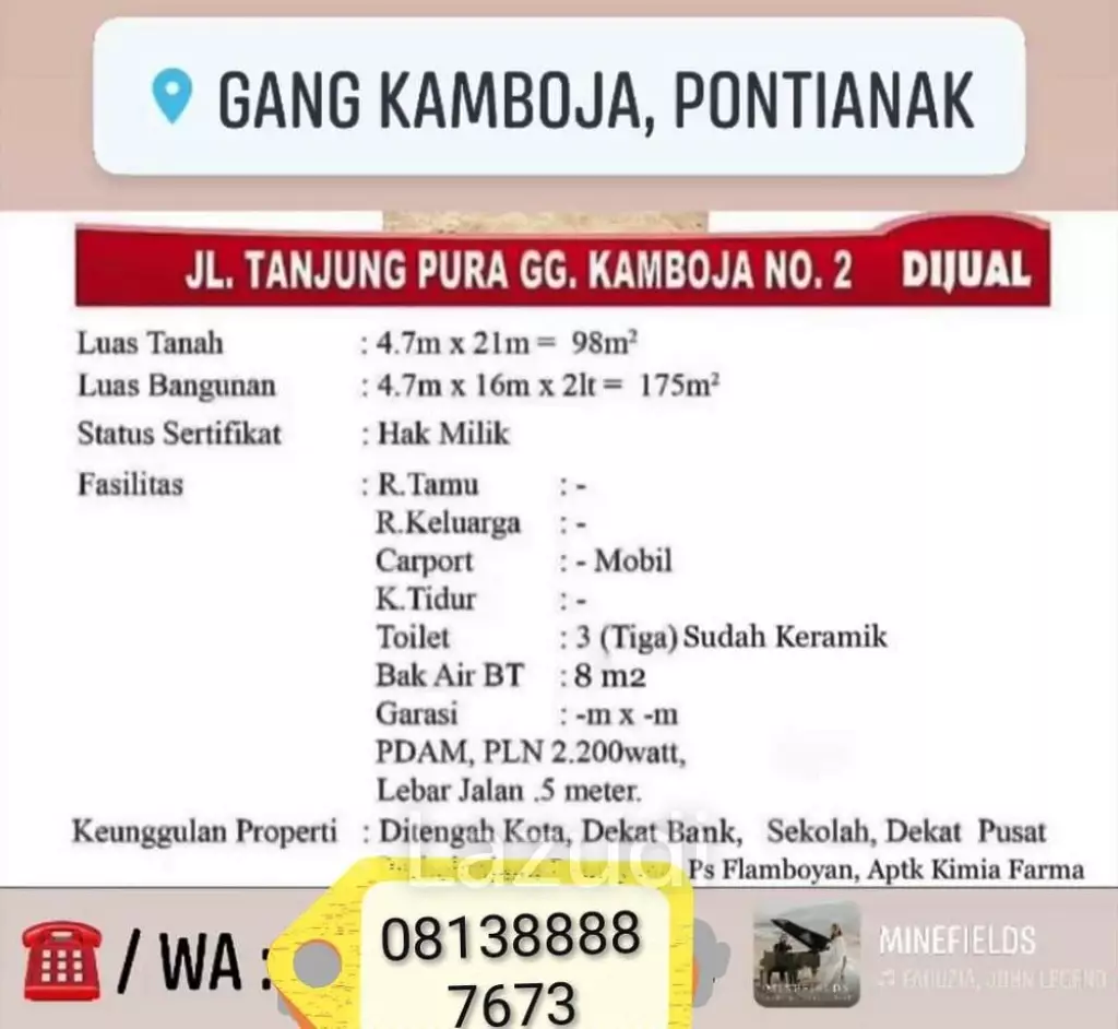 Ruko Dijual Di Kota Pontianak Dekat Ayani Megamall, Mall Matahari, RS St. Antonius Pontianak, Universitas Tanjungpura