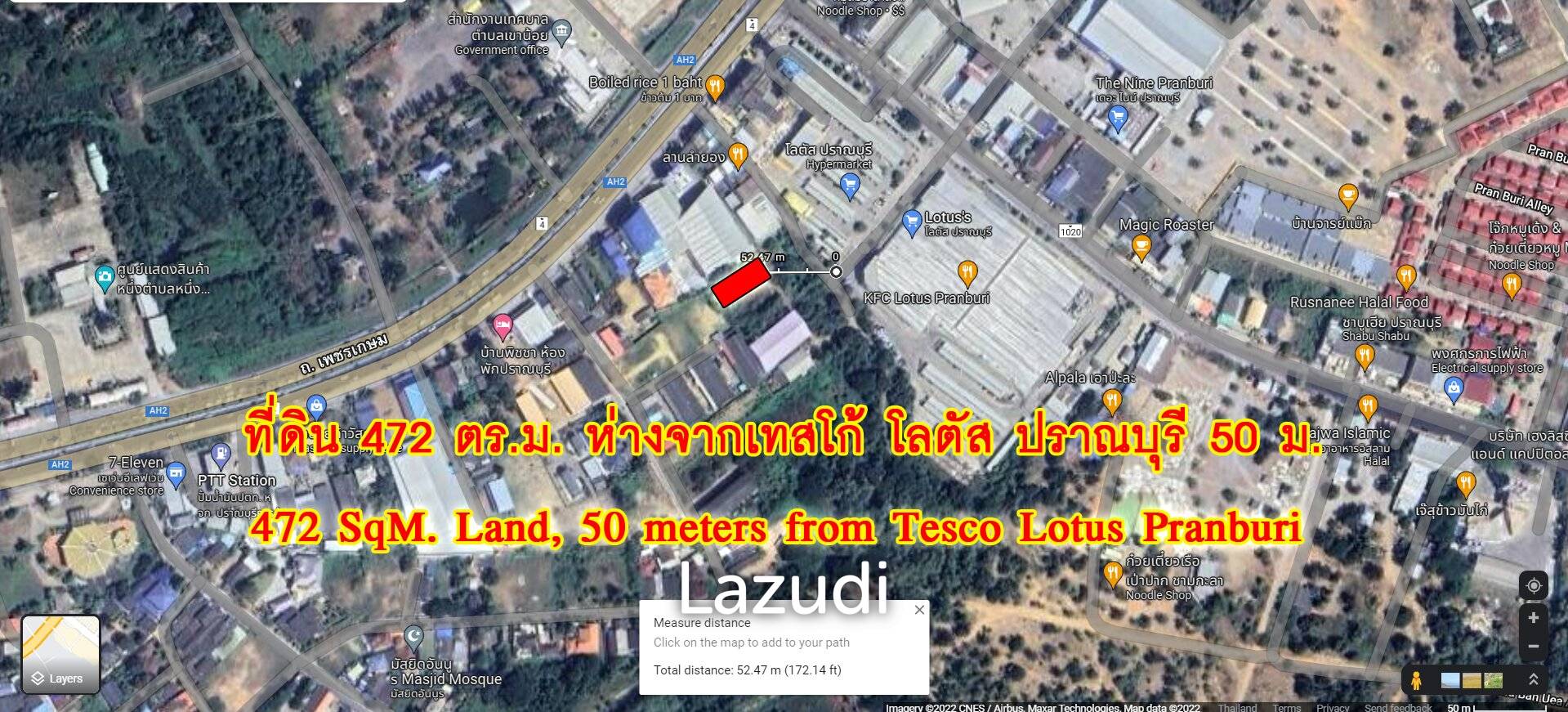 Land 472 SQ.M Close to Tesco Lotus Pran Buri